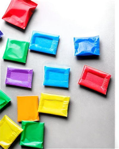 Gum packets, colorful wrappers, shiny surface, rectangular shape, transparent plastic, detailed texture, scattered on floor, close-up shot, shallow depth of field, soft natural light, warm color tone.