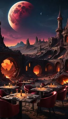 barsoom,cantina,lunar landscape,romantic dinner,fantasy landscape,naboo,tatooine,fire planet,fine dining restaurant,gallifrey,placemats,ramadan background,fantasy picture,red planet,rosa cantina,khandaq,firelands,futuristic landscape,neverwinter,red lantern,Illustration,Realistic Fantasy,Realistic Fantasy 33