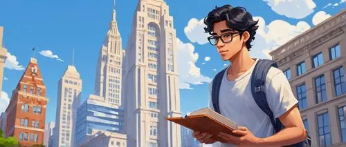 Columbia University, architecture undergraduate, male, 20yo, casual wear, black hair, glasses, backpack, holding a large sketchbook, standing in front of a modern skyscraper, urban setting, New York C