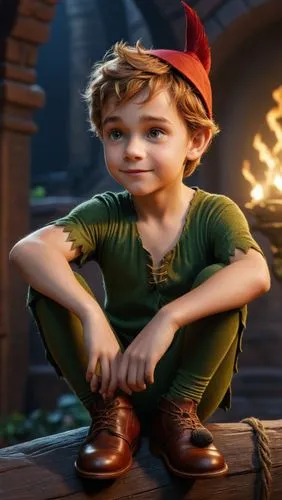  um personagem Qisney, Peter Pan,  arte em  foto realista.,a  wearing a red elf hat and boots,gavroche,gnome,pinocchio,lampwick,elf,gnomeo,Photography,General,Natural