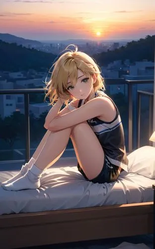 The camera captures the vibrant colors and faces of a caucasian girl, 22 years old whose blonde hair is tied in a sleek black top, black shorts, and white socks. Her bright expression is both surreal 