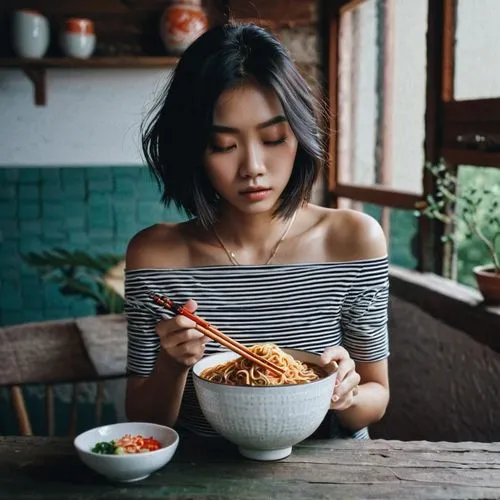 1girl, bare shoulders, bowl, chopsticks, food, indoors, jewelry, necklace, noodles, off shoulder, photo \(medium\), ramen, sitting, solo, striped,girl with cereal bowl,noodle bowl,kimchi fried rice,ja