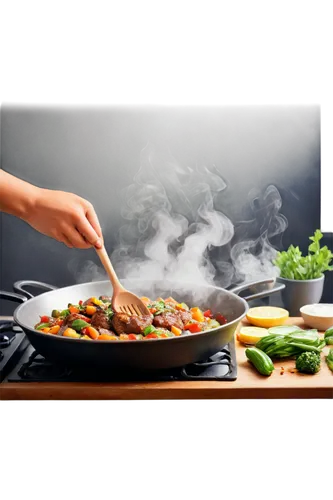 Delicious food, sizzling hot, cooking process, chef's hands, kitchen utensils, ingredients scattered, steam rising, savory aroma, close-up shot, shallow depth of field, warm lighting, realistic textur