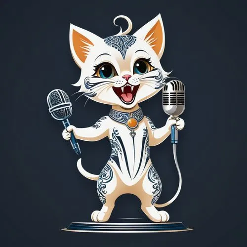 cat vector,suara,cartoon cat,microphone,mic,launchcast,Illustration,Black and White,Black and White 03