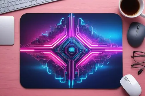 Unique mouse pad, futuristic sci-fi theme, neon blue and pink glow, intricate circuitry patterns, metallic texture, rounded edges, ergonomic shape, soft padding, subtle LED lights, ambient gradient ba