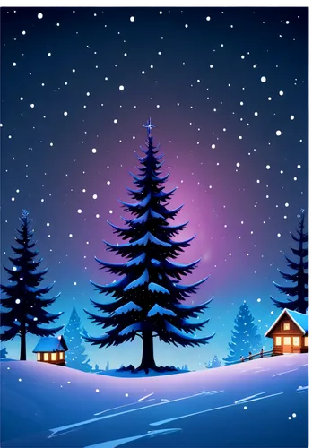 Winter wonderland background, holy night scene, Christmas tree, snowflakes gently falling, blue-purple twilight sky, stars twinkling, soft glowing lanterns, festive atmosphere, high-definition details