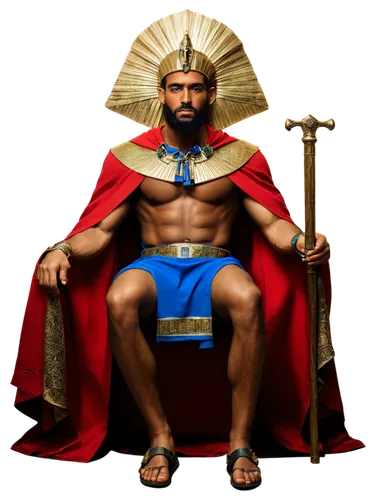 Egyptian Pharaoh, ancient ruler, gold headdress, blue and gold collar, black beard, brown skin, muscular build, ornate sceptre, red and gold cloak, sandals, sitting on throne, powerful posture, dramat