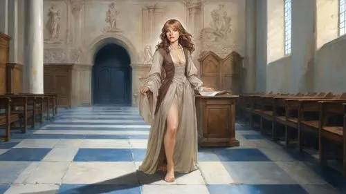 classicism painting: ((female defendant, long dress, barefoot. bare feet, bare toes)), inside 17th century courtroom, standing on stone floor,heatherley,margaery,church painting,donsky,a floor-length 