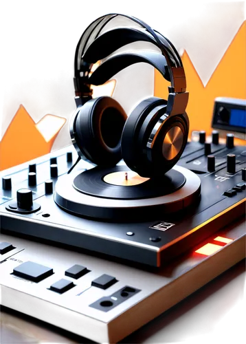 DJ equipment, vinyl records, microphone, sound waves, dynamic speakers, mixing console, headphones, music notes, studio background, warm lighting, shallow depth of field, 3/4 composition, close-up sho