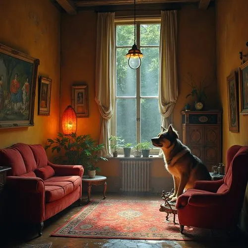 sitting room,vigilant dog,old german shepherd dog,watchdog,lachapelle,the living room of a photographer