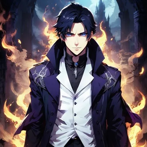 corvin,black crow,king of the ravens,yukio,phantom,persona,dark suit,fire background,lucifer,ren,shinigami,daemon,smouldering torches,kado,cg artwork,asagiri,butler,vampire,game illustration,male character