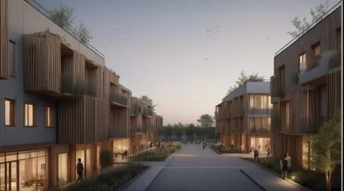 Outdoor perspective view of a contemporaryr residential complex comprising wooden slab vertical planes and suspended balconies , cgi, dawn, add people walking in the street ,new housing development,eu