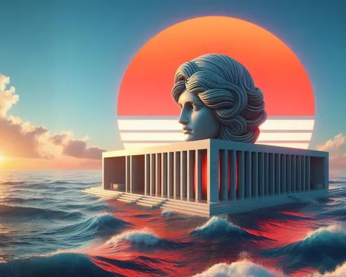 sun sunrise,egyptian temple,temple fade,poseidon,monolith,the sphinx,cube sea,monuments,sea god,a sinking statue of liberty,temples,moai,artemis temple,sphinx,god of the sea,atlantis,world digital pai