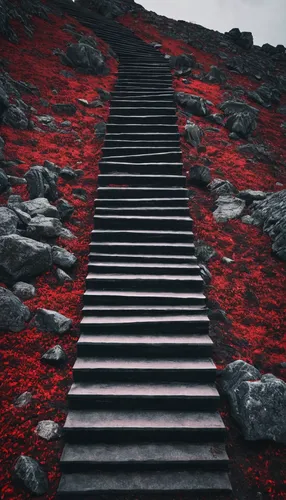 black and red stairs on mountain,stairway to heaven,winding steps,descent,steps,red sand,stairs,ascending,red place,climb up,stairway,lava,valley of death,red cliff,the mystical path,the path,heavenly