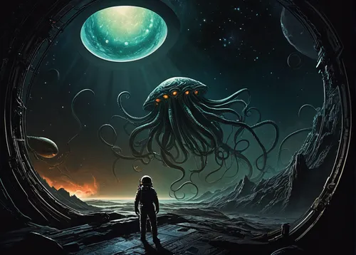 deep sea,sci fiction illustration,kraken,undersea,the bottom of the sea,bottom of the sea,apiarium,under sea,deep sea diving,exploration of the sea,octopus,god of the sea,auqarium,cephalopod,the people in the sea,abyss,deep sea nautilus,nautilus,symbiotic,colony,Art,Artistic Painting,Artistic Painting 50