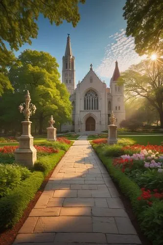 Indiana University Bloomington campus, beautiful Gothic Revival architecture, Sample Gates, iconic limestone buildings, intricate stone carvings, stained glass windows, sprawling green lawns, blooming