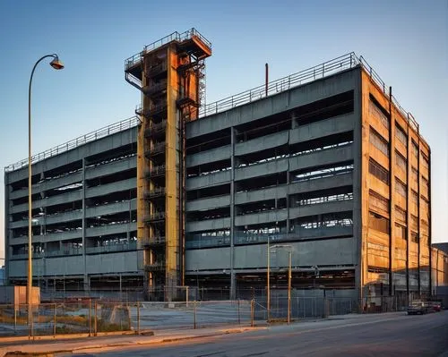 industrial park, modern architecture, sleek lines, metal beams, glass walls, concrete floors, urban landscape, cityscape, sunset, warm lighting, dramatic shadows, crane in distance, factory buildings,