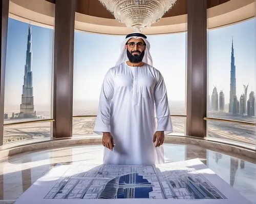 Arabic architect, mature man, 40yo, elegant beard, glasses, white dishdasha, traditional UAE clothing, holding blueprints, standing, Dubai skyscraper, Burj Khalifa, luxurious interior design, marble f