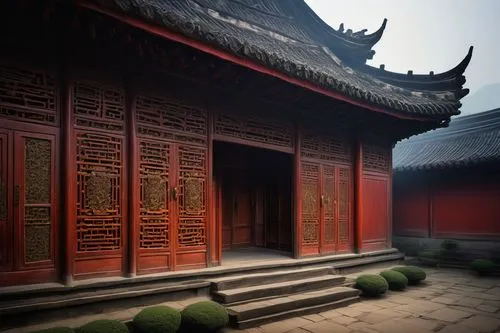 Ancient Chinese, Zhou dynasty, traditional, majestic, intricately carved wooden doors, upturned eaves, glazed roof tiles, vibrant colors, ornate bronze hardware, lanterns, incense burners, ancestral h