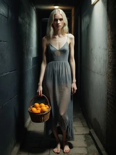 The picture shows a young skinny woman with long, platinum blonde hair standing in a narrow, dark corridor or street. There is a gloomy, mysterious atmosphere. The woman is wearing a long, see-through