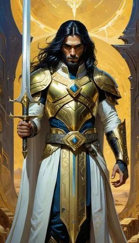  a king, blue eyes, white and gold clothes, long black hair, golden belt with a special Persian sign, with a big and sharp silver gold sword, futuristic, ,seregil,teferi,aegon,paladin,elendil,malazan,