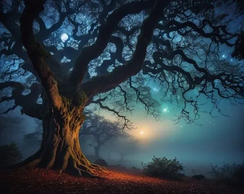 magic tree,moonlit night,moonlit,isolated tree,enchanted forest,moonshine,forest tree,celtic tree,creepy tree,blue moon,mystical,lone tree,haunted forest,fairytale forest,fantasy picture,old tree,forest of dreams,fairy forest,the branches of the tree,light of night,Conceptual Art,Daily,Daily 04