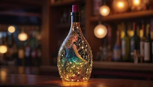 detailed  gorgeous woman, Enchanting fairy light wine bottle cover, octane render, 32k, UHD, Vogue styled, setting in a bar



,bottle fiery,bottle surface,wine bottle,isolated bottle,champagne bottle