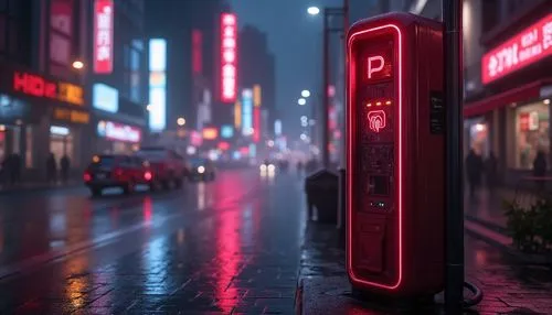 Burgundy themed charging station, modern futuristic design, sleek metal body, burgundy accents, glowing LED lights, intricate circuitry details, urban cityscape background, night scene, neon lights re