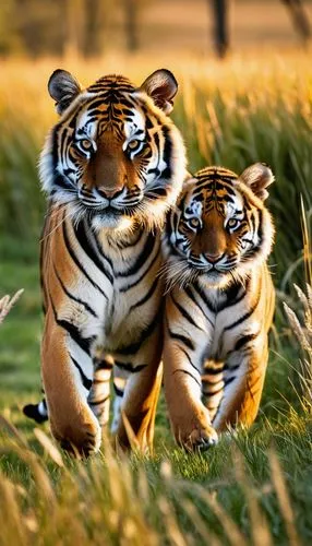 Tigers in the Golden Hour: A family of tigers strolling through tall grasses during the golden hour, the warm light casting a magical glow on their surroundings.,two big tiger are walking through the 