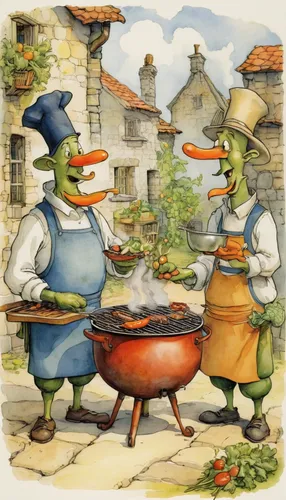 coddle,outdoor cooking,cooking vegetables,cooks,chefs,cookery,cooking book cover,pot-au-feu,fry ducks,ratatouille,cuisine classique,food and cooking,frog gathering,cassoulet,chef,men chef,cooking pot,barbecue,cook ware,cookware and bakeware,Illustration,Paper based,Paper Based 29