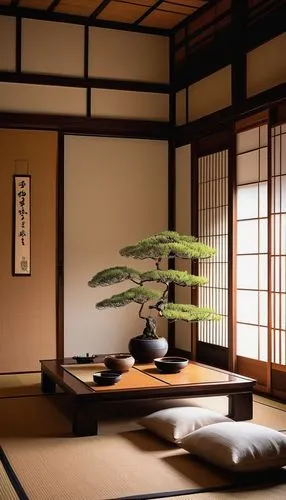 Traditional Japanese-style room, neo-traditional interior, warm wooden tones, sliding shoji screens, rice paper doors, low seating arrangement, tatami mats, minimalist decor, subtle lighting, candles,