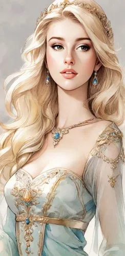 Sketchy watercolour and pencil drawing of a beautiful blonde gltizy princess in a very flat 2D style, drawn simply on a white background.,margaery,white rose snow queen,amalthea,galadriel,eilonwy,the 