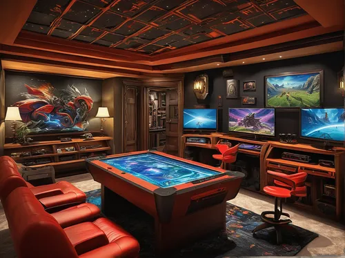 game room,little man cave,recreation room,entertainment center,billiard room,aquarium decor,home theater system,poker table,bar billiards,aqua studio,home cinema,playing room,great room,fish tank,computer room,piano bar,billiard table,liquor bar,aquarium lighting,gnome and roulette table,Illustration,Retro,Retro 14