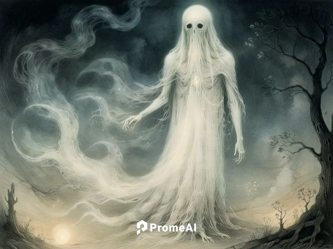 A hauntingly beautiful illustration of a ghostly apparition, with wispy, translucent limbs and a soft, eerie glow, dreamlike quality, with muted colors and a hazy, ethereal atmosphere that captures th