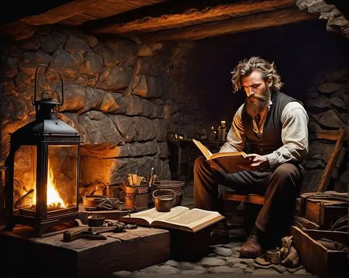 Muscular man, rugged beard, messy hair, cave interior, dimly lit, stone walls, wooden crate, vintage lantern, rusty tools, leather-bound book, old map, wooden desk, worn-out armchair, fireplace, burni