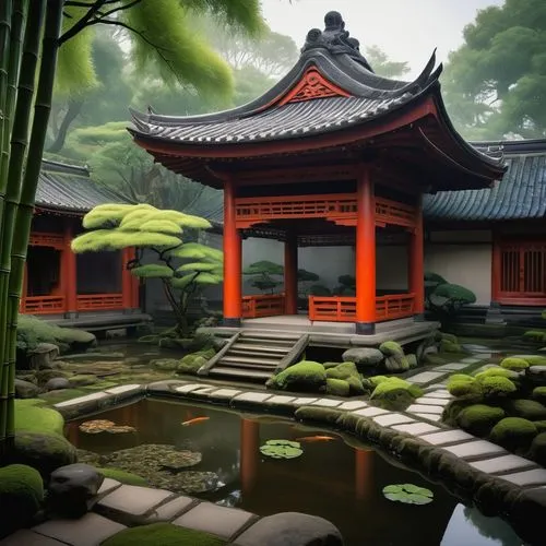 asian architecture,teahouse,japanese garden,japanese shrine,dojo,japan garden,japanese garden ornament,teahouses,zen garden,qingcheng,world digital painting,oriental,japanese art,japanese zen garden,buddhist temple,ryokan,shaoming,kyoto,heian,japanese-style room,Art,Classical Oil Painting,Classical Oil Painting 15