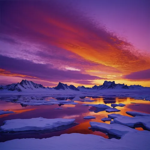 Depict a breathtaking sunset over Northrend, painting the sky in hues of purple, orange, and blue, reflecting off the icy landscape.,antarctic,arctic antarctica,antarctica,greenland,ice landscape,anta