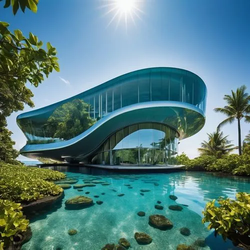 futuristic architecture,futuristic art museum,infinity swimming pool,aqua studio,tropical house,modern architecture,Photography,General,Realistic