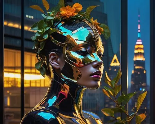 neon body painting,cyberpunk,bodypaint,afrofuturism,gold mask,biophilia,metropolis,futuristic,cyborg,golden mask,asian vision,ironman,masquerade,golden wreath,bodypainting,avatar,polychromed,giorno,adorned,gilded,Photography,Artistic Photography,Artistic Photography 08