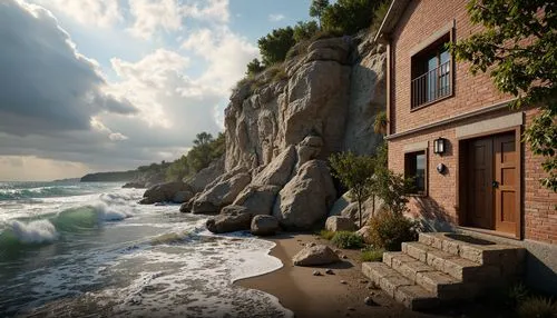 Rugged coastal scenery, crashing waves, salty sea air, weathered brick facades, robust masonry, textured stone walls, durable mortar joints, reinforced foundations, storm-resistant windows, protective