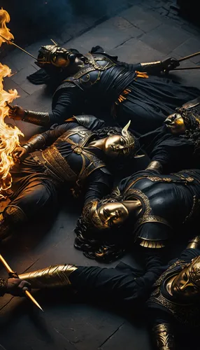 dark night, lying on the floor, dead three Persian immortal warriors in black clothes with golden arrows, faces hidden by black clothes, burning in fire, fire arrows pierce their bodies, dark temple o