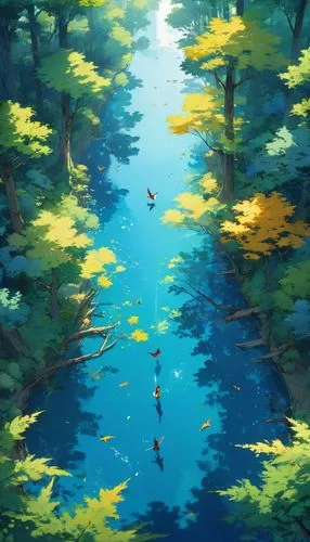 The forest comes alive with the sounds of rustling leaves and chirping birds, as the light casts long shadows across the forests below. The forest is a deep blue, with thick, golden trees and sparklin