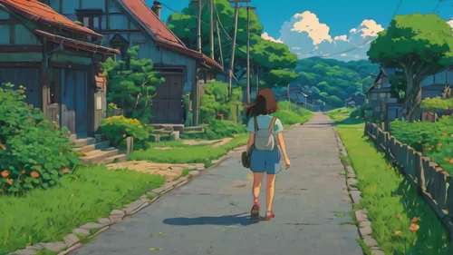 studio ghibli,girl walking away,stroll,summer day,walk,summer evening,sidewalk,wander,violet evergarden,my neighbor totoro,idyllic,gobelin,scenery,shirakami-sanchi,summer sky,green summer,tsumugi kotobuki k-on,in the summer,neighbourhood,idyll,Illustration,Japanese style,Japanese Style 16