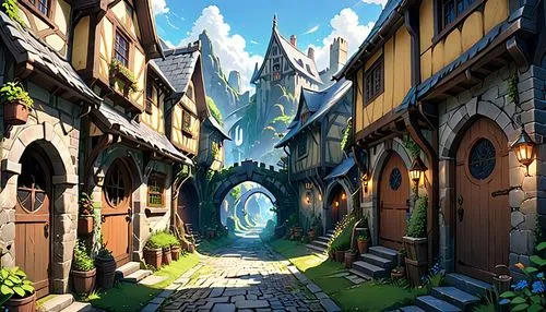 knight village,3d fantasy,fantasy landscape,aurora village,mountain settlement,fantasy world,medieval street,fairy village,northrend,alpine village,fantasy city,fantasy picture,hobbit,druid grove,medieval town,castle iron market,medieval architecture,escher village,mountain village,fantasy art,Anime,Anime,Realistic