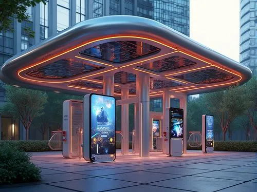 bus shelters,sky space concept,futuristic architecture,futuristic art museum,ev charging station,kiosks,3d rendering,cybercity,arcology,flyer carousel,bus stop,ecomstation,teleporter,busstop,kiosk,security concept,futuristic landscape,gazebos,render,charging station,Photography,General,Realistic