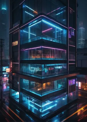 cybercity,synth,cyberpunk,electrohome,cybertown,polara,hypermodern,glass building,tetris,neon coffee,neon arrows,electric tower,urban,metropolis,neon lights,microdistrict,neon light,wavevector,futuristic,cyberport,Conceptual Art,Sci-Fi,Sci-Fi 12