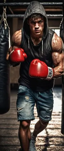 Muscular man, boxer, 25yo, intense gaze, strong jawline, short brown hair, sweat droplets on forehead, boxing gloves, sleeveless hoodie, ripped jeans, bare feet, punching bag, urban gym, concrete floo