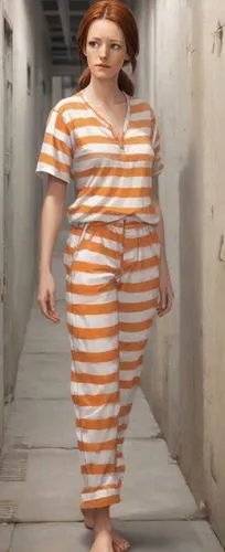 full body view:(female prisoner)(barefooted, barefoot, bare feet, bare toes, natural toenails)(normal ideal human proportions, real human proportions)(medium buxom)(neutral expression, natural face, n