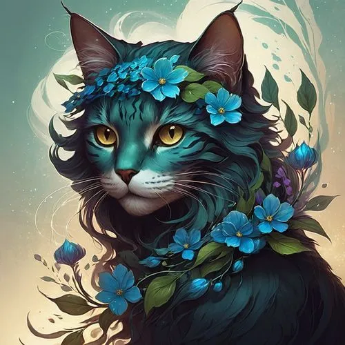 flower cat,blossom kitten,flora,blooming wreath,cat portrait,hydrangea,nepeta,fantasy portrait,spring crown,flower animal,wreath of flowers,flower crown,pet portrait,floral wreath,merida,turquoise,hydrangeas,elven flower,magpie cat,digital illustration,Conceptual Art,Fantasy,Fantasy 17