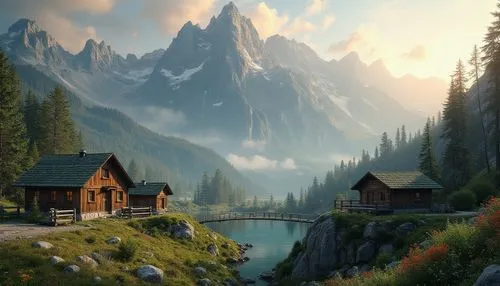 the cabin in the mountains,mountain settlement,house in mountains,house in the mountains,fantasy landscape,mountain huts,alpine village,mountain landscape,mountain village,alpine landscape,the alps,home landscape,landscape background,autumn mountains,alps,mountain scene,world digital painting,mountainous landscape,high alps,emerald lake,Photography,General,Realistic